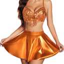Avidlove 3-Piece Rave Outfits Women Faux Leather Sequin Fringe Crop Top Metallic Mini Skirt Club Festival Halloween Set, Small