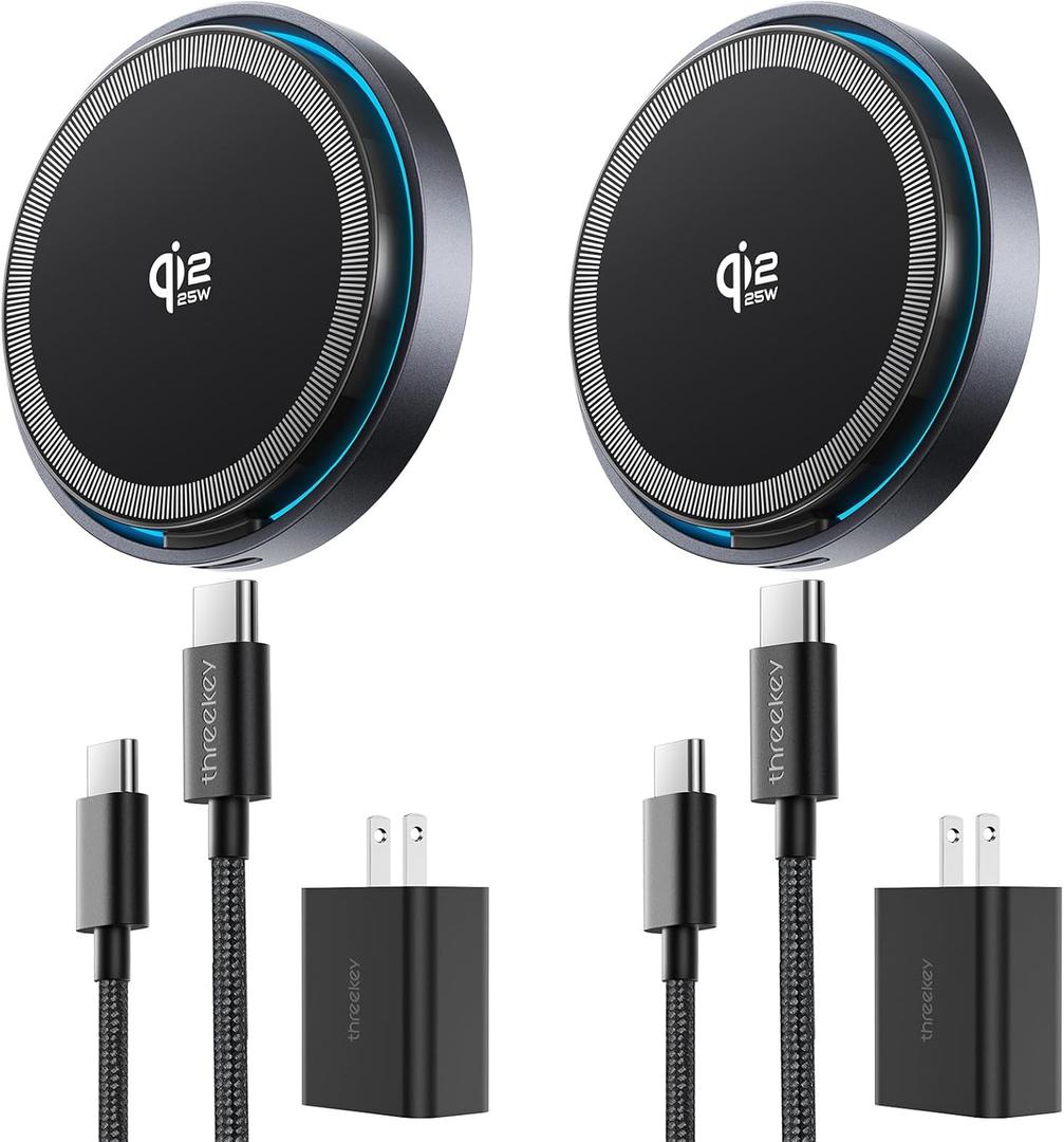 THREEKEY for MagSafe Charger, 2 Pack Qi2 25W Fast Charging Pad with Cooling Fan, Magnetic Wireless Charger with 6.6ft Cable for iPhone 17/16/15 Series (2 Adapters Included)