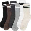 Justay 6 Pairs Striped Crew Socks - Cute Casual Long Athletic Running Tube Calf Cotton Socks for Women Gifts (Black Brown Apricot White Light Grey Dark Grey)