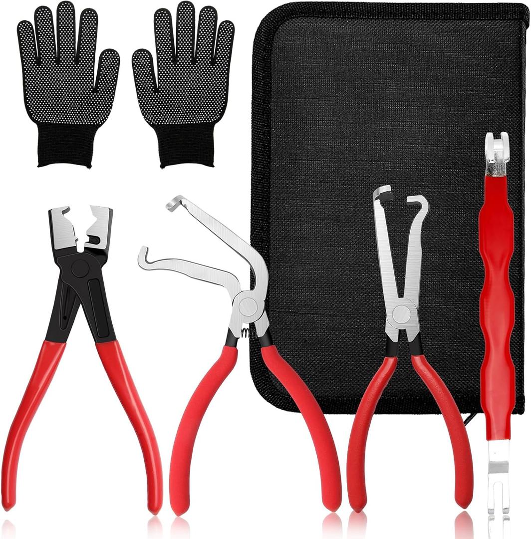 5-Pcs Kit Electrical Disconnect Pliers Set with Gloves - Auto Connector Tool for Fuel Line, Wiring, Sensors & Coils | Quick-Release Car Truck Repair (Red)