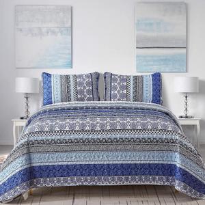 WONGS BEDDING Boho Quilt Set California King Size, Blue Bohemian 3 Pieces Quilt Sets, Lightweight Bedspread Coverlet Bedding Set for All Season (106"x96")