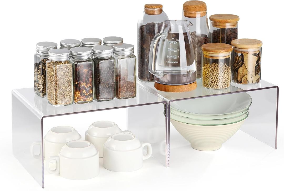 Acrylic Cabinet Organizer, Shelf Organizer, Set of 2 Spice Organization for Cabinet, Spice Rack, Stackable Kitchen Countertop Organizer | Cupboard, Pantry Shelves, and Storage Space Saver