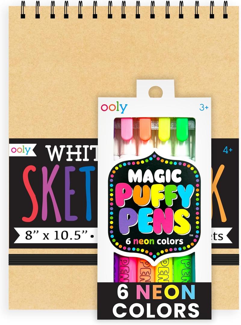 Ooly Puffy Paint Neon Gel Pens Set of 6 & Sketchbook Bundle, 3D Foam Texture Painting Magic Puffy Pen, Creative and Fun Pens for Kids Arts and Crafts Drawing Supplies