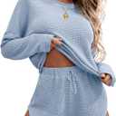 Ekouaer Womens Waffle Knit Pajama Sets Long Sleeve Top and Shorts Matching Lounge Set Loungewear Sweatsuit with Pockets (XX-Large, Baby Blue)