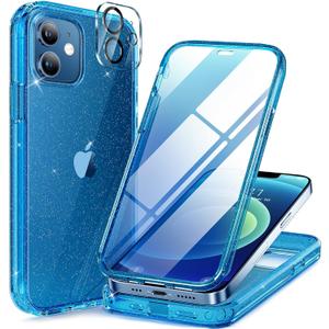 Miracase for iPhone 12/12 Pro Case 6.1 inch, Upgraded Full-Body Rugged Phone Bumper Case Cover with Built-in 9H Tempered Glass Screen Protector and Camera Protector, Glitter Blue