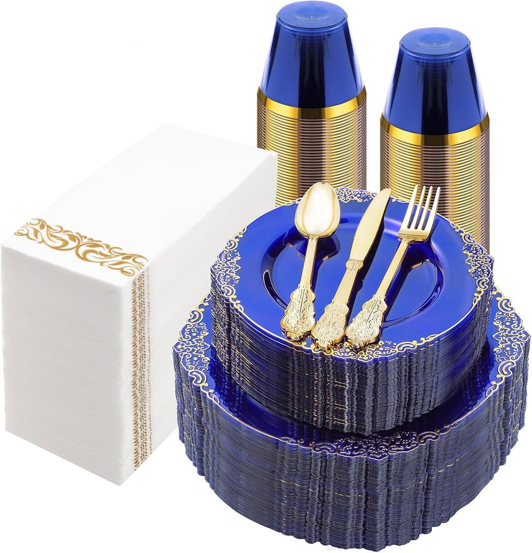 Bestluck 350PCS Clear Blue Plastic Plates for 50 Guests, Disposable Plates with Gold Trim include 50 Dinner and Dessert Plates, 150 Gold Silverware, 50 Cups, 50 Napkins for Party, Wedding & Graduation