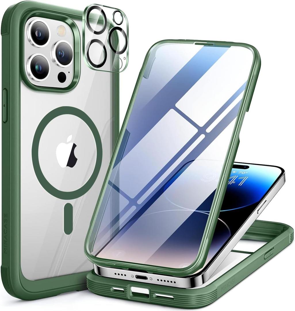 Miracase Magnetic for iPhone 14 Pro Case 6.1 inch, (Compatible with MagSafe) Upgrade Full-Body Clear Phone Bumper Case with Built-in 9H Tempered Glass Screen Protector, Magnetic Acacia Green