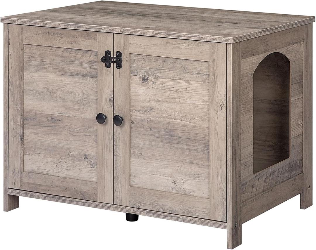 HOOBRO Litter Box Enclosure, Cat Litter Box Furniture with Removable Divider, Large Hidden Litter Box Furniture, Wooden Cat House, End Side Table, 31" L x 17.5" W x 19.7" H, Greige BG03MW01G2