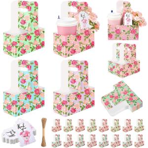 20 Pack Mother's Day 2 Cup Drink Carrier with Handle, Floral Coffee Cup Holder with Cards and Ropes, Disposable Cardboard Foldable Drink Caddy for Hot Cold Drinks, Food Delivery