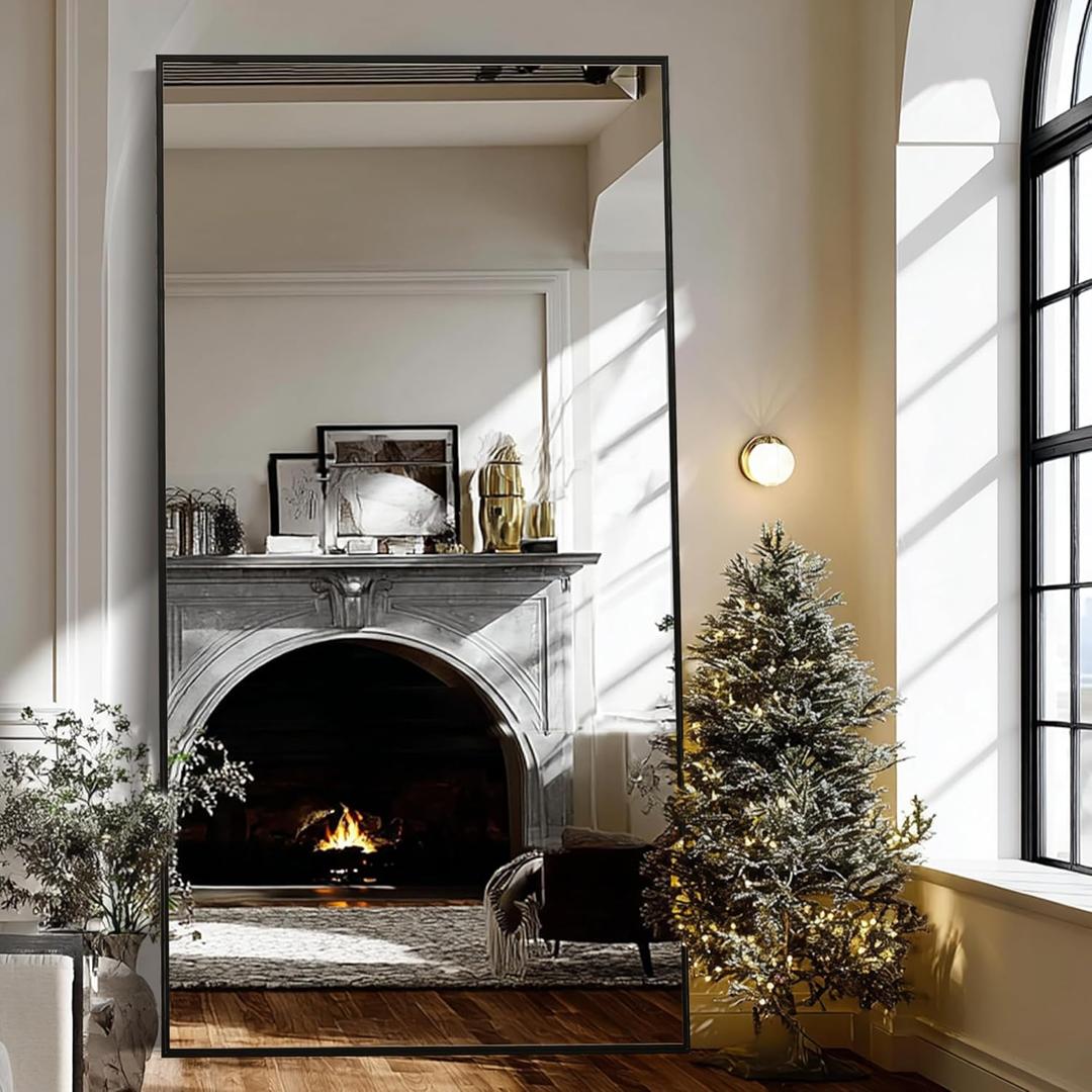Beauty4U 79" x 39" Large Full Length Mirror with Stand, Metal Frame Black Wall Mounting Full Body Tempered Mirror for Living Room, Bedroom