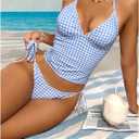 MakeMeChic Women's Tankini Swimsuits Cute Cheeky Swimsuit Plaid Halter Tankini Bathing Suits (Blue, M)