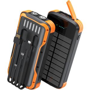 Solar Charger Power Bank, PD 20W Fast Charging External Batter, 40000mAh Portable Phone Charger Built in 4 Cables with Dual Bright Flashlights for Camping, Hiking, and Outdoor Use (Black-orange)