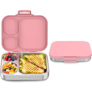 Howeemo Stainless Steel Bento Box Kids, Leak Proof Metal Bento Lunch Box,3 Compartments 304 Stainless Steel Bento Lunch Containers for School and Office, BPAFree(Pink)