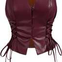 SOLY HUX Women's PU Leather Vest Tops Sexy Vintage Lace Up Button Down V Neck Crop Tank Tops (Medium)