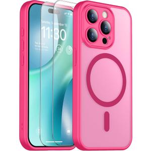 SPIDERCASE for iPhone 15 Pro Max Case, Magnetic Translucent Matte Case with 2PCS Tempered Glass Screen Protector Slim Phone Case for iPhone 15 Pro Max 6.7'', Hot Pink