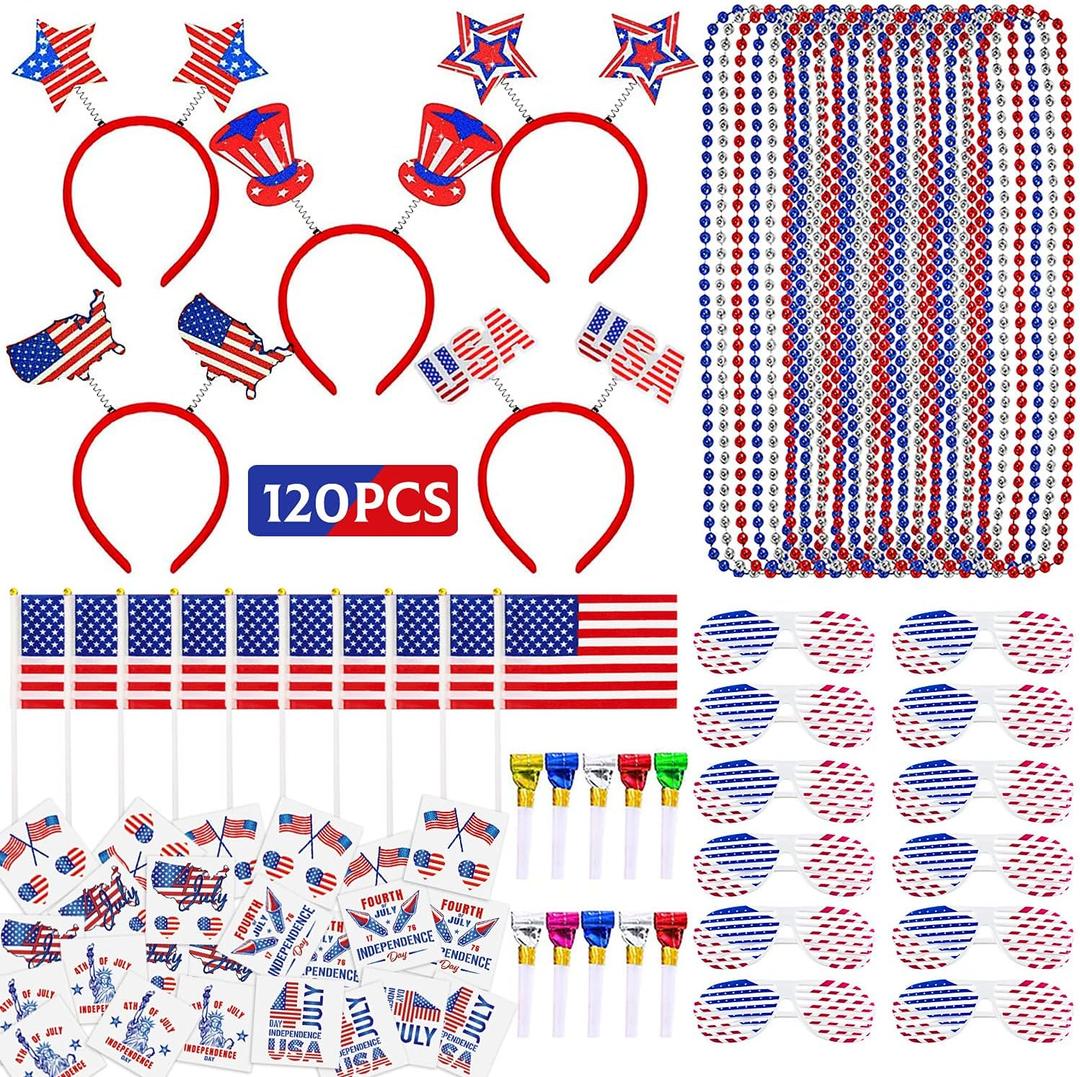 MOVINPE 120 Pcs Patriotic Party Favors, 4th of July Accessories Headbands, Shutter Shades Glasses, Beaded Necklaces, Hand Held USA Flags, Musical Blow Outs, Temporary Tattoos Parades Giveaways
