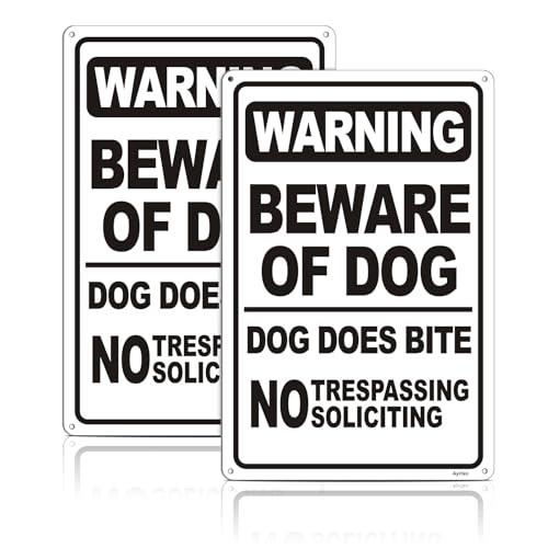 2 Pack Beware of Dog Signs, 12x8 Inch Reflective Aluminum "Dog Does Bite" Warning Sign, No Trespassing No Soliciting Metal Sign for Outdoor Yard Fence, Rustproof Waterproof with 4 Pre-Drilled Holes