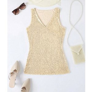 7th Element Womens Fully Lined Sequin Tank Top, Sparkly Glitter V-Neck Camisoles for Concert, Disco, Party & Vegas (Medium, Champagne Gold)