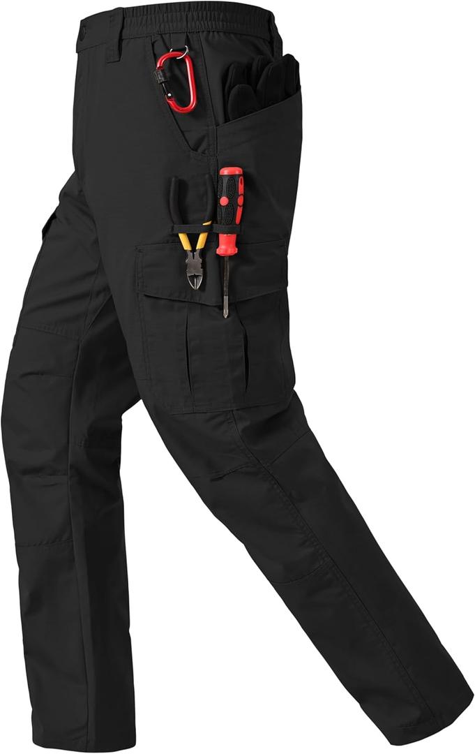 Mens Work Pants Ripstop Waterproof Cargo Pants for Men with 7 Pockets Tactical Hiking Pants (34W x 32L, Black)