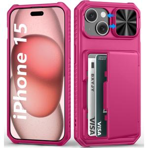 for iPhone 15, iPhone 14, iPhone 13 Wallet Case with Card Holder(4-5 Cards), Slide Camera Cover, Military Grade Drop Protection, Heavy Duty Girly Men Phone Case for iPhone 15/14/13, Hot Pink