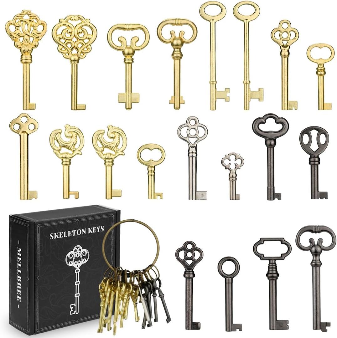 Skeleton Key, 20PCS Universal Hollow Barrel Antique Keys for Vintage Furniture, Jewelry Box, Curio Cabinet & Old Doors Lock Replacement