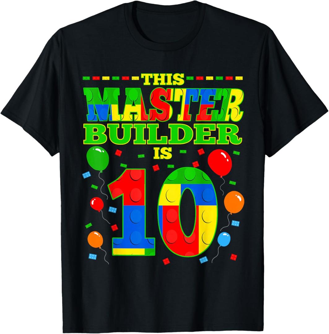 Builder 10 Year Old Log Cabin Boy 10th Birthday T-Shirt, Size: Large