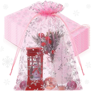 Roowest 50 Pcs Large Snowflake Organza Bags, 8'' x 12'' Winter Mesh Drawstring Gift Bags Bulk Sheer Pouch for Winter Holidays Xmas Wedding Jewelry Candy Packaging(Pink,Silver)