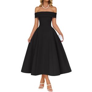 ZESICA Cocktail Dresses for Women's Elegant Off Shoulder Short Sleeve Swing A Line Wedding Evening Party Midi Dress S