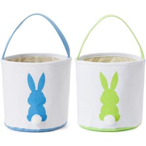 Easter Bunny Basket Easter Bucket Egg Hunt Basket for Kids, Canvas Rabbit Print Basket w. Fluffy Tail, Candy Egg Toy Easter Basket Tote w. Handle (Blue New+Green New)