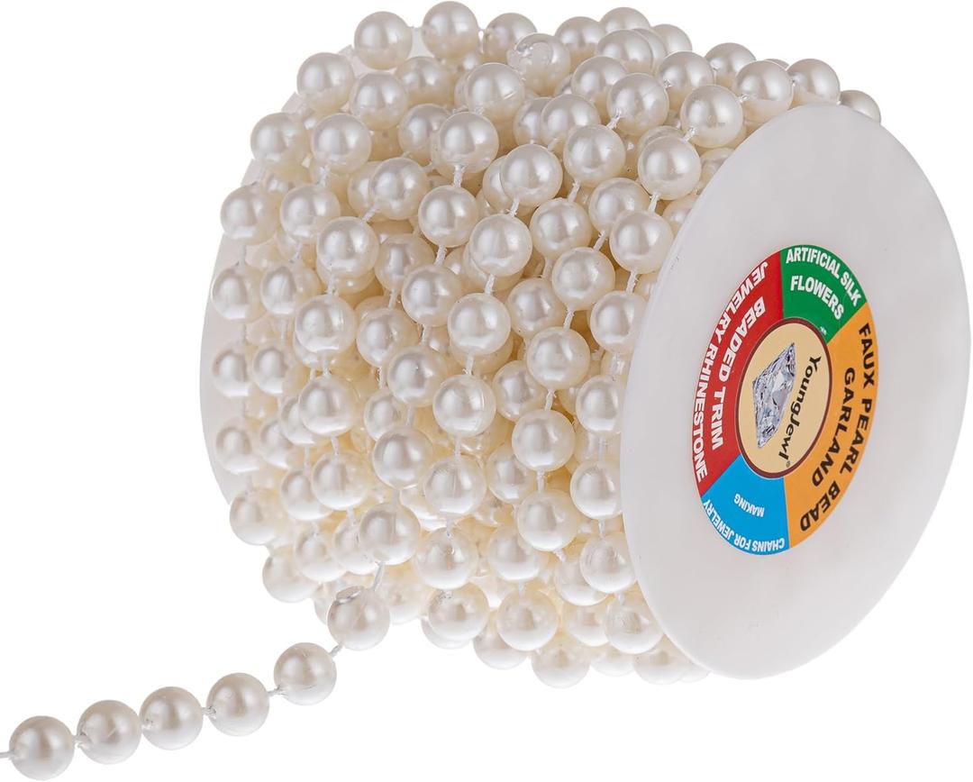 10mm Pearl Strands,9 Yds of Lvory Fake Beads Garland Spool Roll with Stringed Pearls for Crafting,Wedding Party,Christmas Tree Decoration. (Ivory)