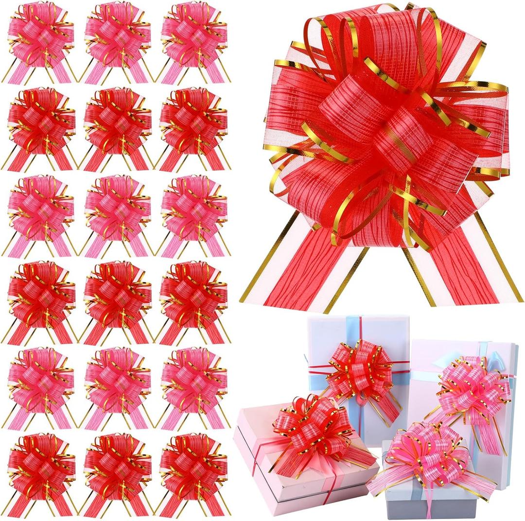 WILLBOND 20 Pieces 6 Inch Pull Bows Gift Wrapping Ribbon Pull Bows for Valentine Wedding Baskets Christmas Multicolor Wrap Accessory for Gift Present Holiday Decor(Red, Pink)
