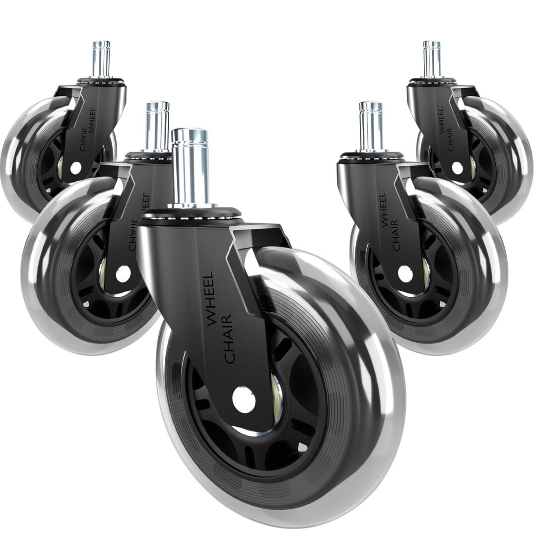 Office Chair Wheels Replacement Rubber Chair Casters for Hardwood Floors and Carpet, Set of 5, Heavy Duty Roller Blade Casters for Chairs Smooth & Silence Gliding Gaming Chair Wheels (Black)