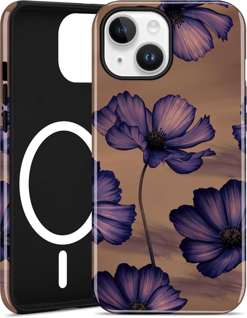 Magnetic Flower Case for iPhone 16 Pro Max, Purple | Compatible with MagSafe, Cute Floral Aesthetic Design, TPU and PC Shockproof Protective Phone Cover for Women Girls
