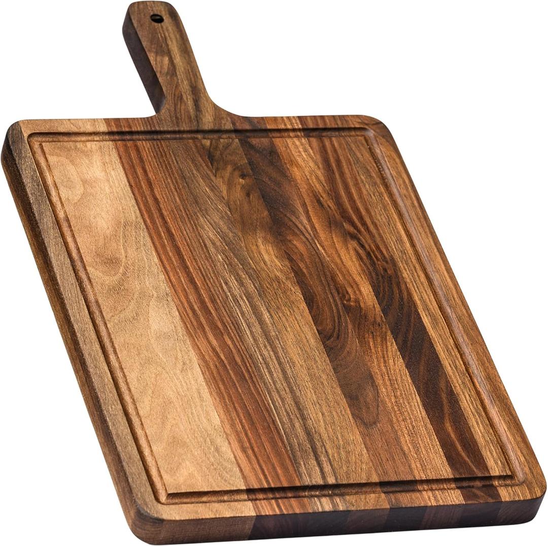 Premium American Dark Walnut Wood Cutting and Serving Board with Handle - Charcuterie Wooden Board - Durable, Stylish, and Versatile - Juice Groove - 17.7x10.6x0.8 in - Woodie Poppins (Large)
