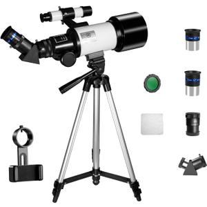 WOSPORTS 70mm Refractor Telescope, 300mm, 3X Barlow, Phone Adapter | Finder Scope, Moon Filter, Adjustable Aluminum Tripod, Portable Astronomy Telescope for Beginners