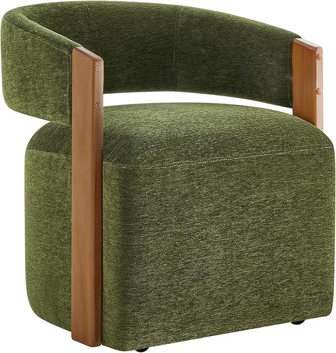 KISLOT Upholstered Dining Chairs with Casters, Modern Barrel Side Armchair with Rollers & Wooden Armrest for Dining Room, Bedroom, Kitchen, Reading Room, Green, Set of 1