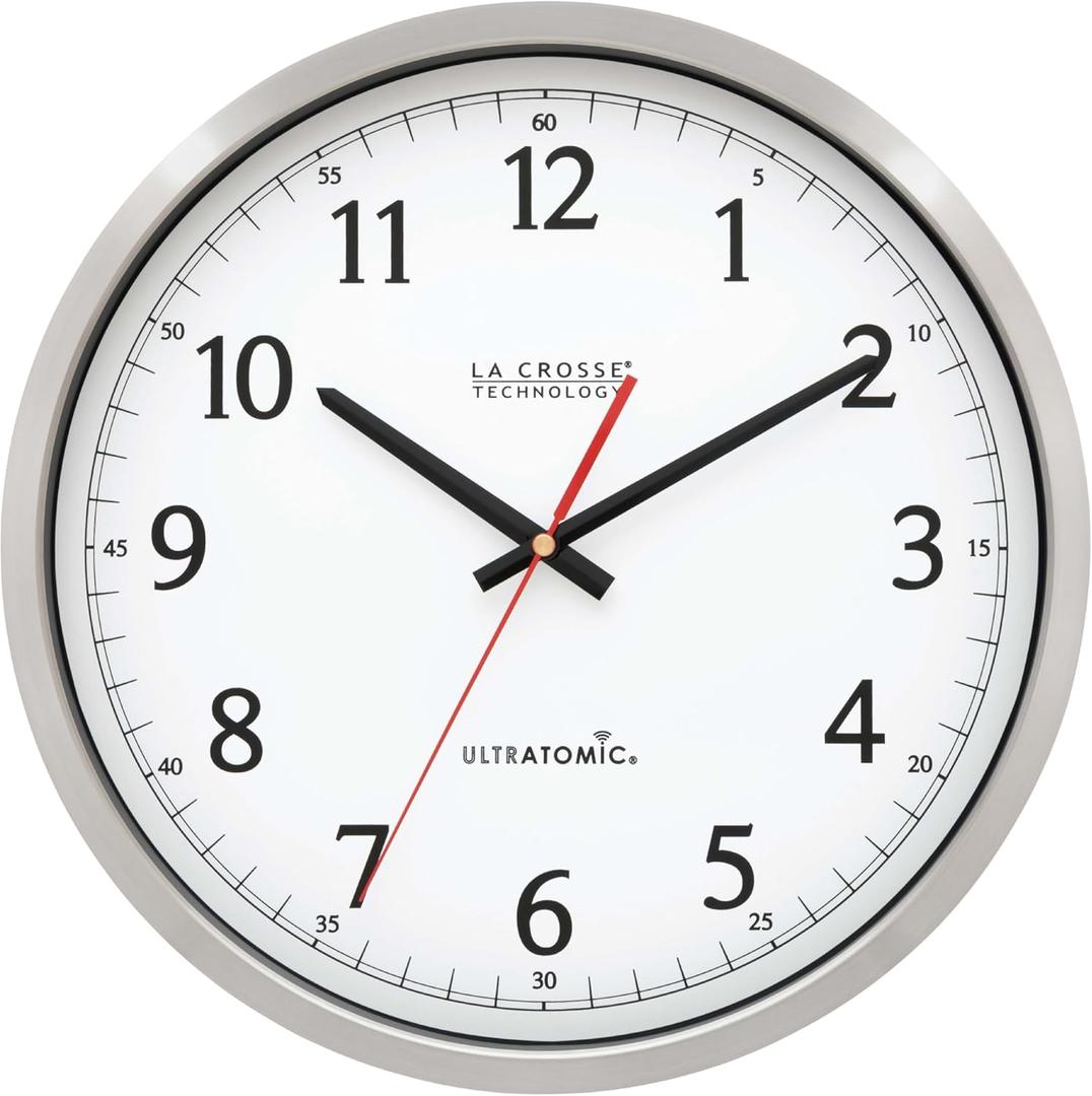 La Crosse Technology 404-1235UA-PL UltrAtomic 14 inch Stainless Steel Wall Clock, Shatterproof Lens, Silver