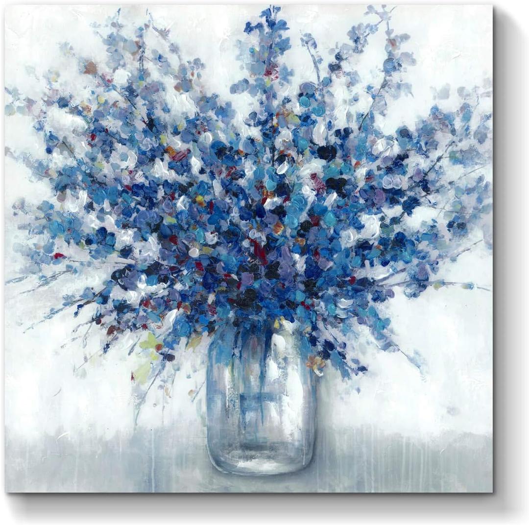 TAR TAR STUDIO Abstract Bouquet Canvas Wall Art: Blue Flowers in Vase Artwork Print Painting for Living Room Office (24''W x 24''H, Multiple Sizes)