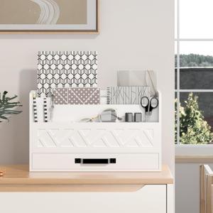 WISUCART Bamboo Mail Organizer Countertop Wood Desk Organizer Drawer Tabletop Storage Box Letter Sorter Makeup Organizer for School Home Office Supplies White