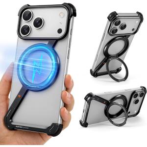 Z Metal Case for iPhone 17 Pro Max Frameless, Aluminum Alloy Bumper Compatible with Magsafe Kickstand Minimalist Shockproof Cool Cover Hard Shell with 360Ring Holder Magnetic Stand, Black