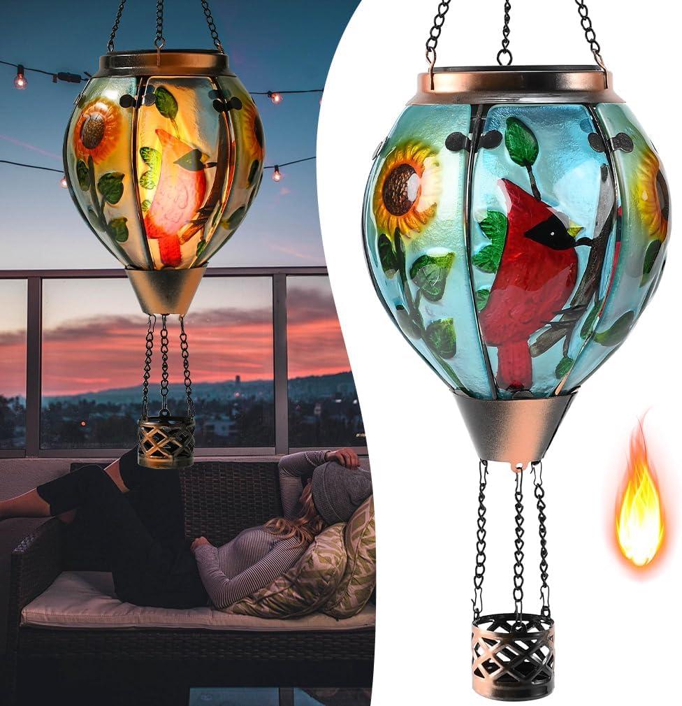 Hot Air Balloon Solar Lantern - Large Cardinal Bird Glass Lantern, Simulated Flickering & Dancing Flame, Big Outdoor Hanging Sunflower Yard Light Waterproof IP65 for Patio Lawn Porch Decor Gift