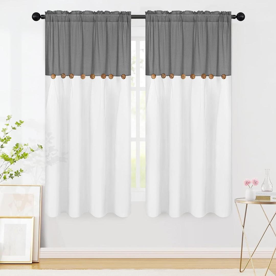 FRAMICS Farmhouse Cotton Linen Curtains for Living Room, Boho Button Curtains 63 Inch Length, Grey Rustic Country Linen Window Curtains for Bedroom, Rod Pocket Curtains & Drapes, 52 x 63 Inch, Grey (Grey and White)