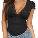 Saslax Women's Sexy Deep V Neck Lace Bodysuit Short Sleeve Double Lined Thong Body Suit for Going Out Date Night Club (Black, L)