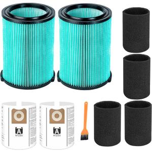 2 Pack VF6000 5-Layer Filter Replacement for Ridgid Wet Dry 5-20 Gallon Wet Dry Vacuums WD5500 WD0671 WD6425 WD7000 WD1280 WD1851 RV2400A RV2600B, 2 Pack VF3502 Shop Vac Bags, 4 Pack Foam Sleeve