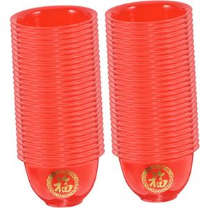Luxshiny Traditional Chinese Wedding Wine Cups Plastic Red 50pcs Shot Glasses for Home Restaurant