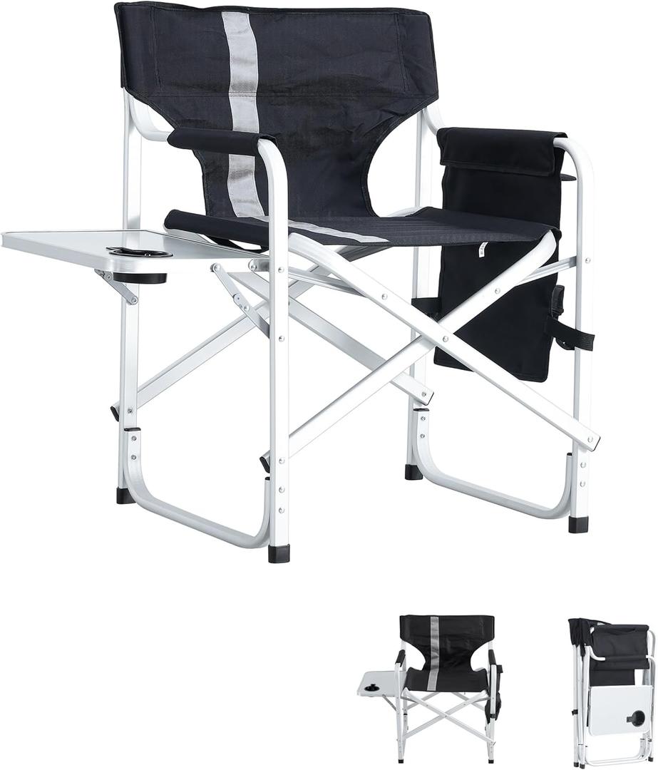 400LBS Heavy Duty Camping Director Chair - Lightweight Aluminum Frame with Foldable Side Table, 600D Oxford Seat & 3 Storage Pockets, Portable for Camping,Sports,Indoor/Outdoor Adults Use (1PC, Black)