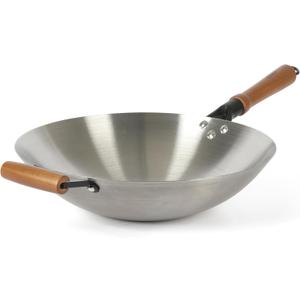 Oster Sangerfield 14-Inch Stainless Steel Wok With Wood Handles, Durable Non-Stick Stir Fry Pan for Gas and Electric Stovetops