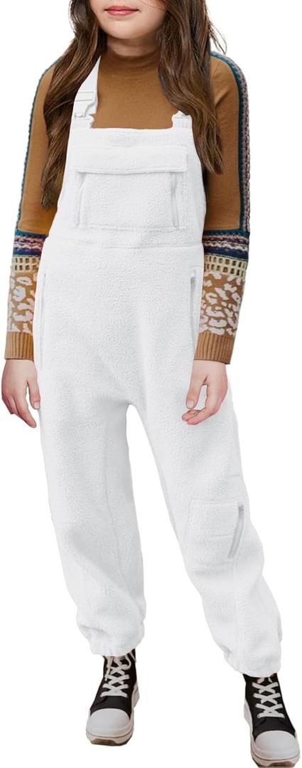 Meikulo Girls Fleece Overalls Kids Warm Winter Loose Casual Jumpsuits with Pockets 5-14 Years (9-10 Years, White)