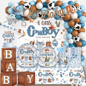 239pcs Cowboy Baby Shower Decorations - Banner, Backdrop, Tablecloth, Balloons, Tableware, Ballon Box, Cake Topper, Sash, Corsage - Rodeo & Western Baby Shower