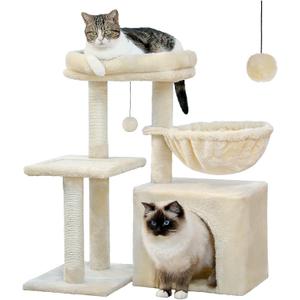 PEQULTI Small Cat Tree, [28.5''] Cat Tower for Indoor Cats, 2 Styles Activity Tree with Cat Scratching Posts, Big Hammock and Removable Top Perch Beige
